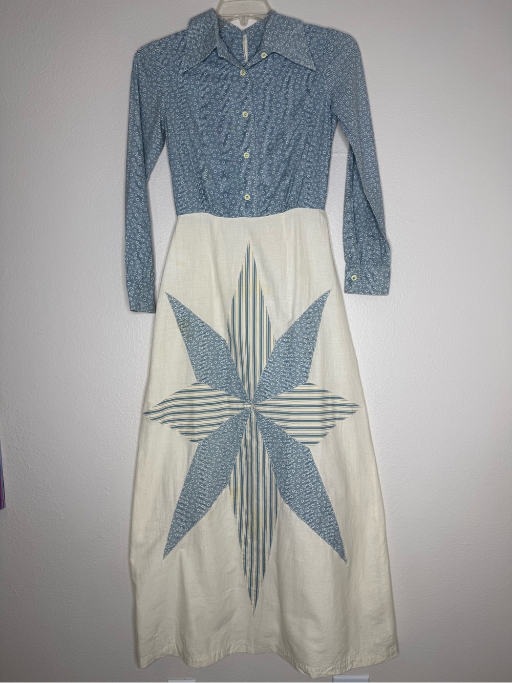 Vintage Star Patchwork Maxi Dress Boho Dagger Collar S - Picture 1 of 9